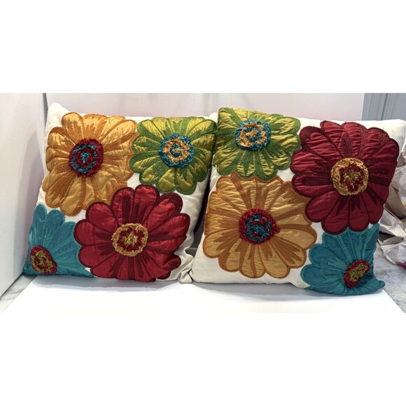 Pier 1 Other - Pier 1 Imports Embroidered Floral Pillows 17x15 Boho Multicolor Embroidery Set 2